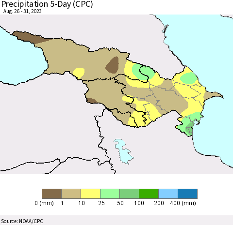 Azerbaijan, Armenia and Georgia Precipitation 5-Day (CPC) Thematic Map For 8/26/2023 - 8/31/2023