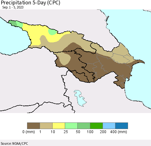 Azerbaijan, Armenia and Georgia Precipitation 5-Day (CPC) Thematic Map For 9/1/2023 - 9/5/2023