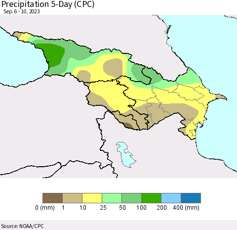 Azerbaijan, Armenia and Georgia Precipitation 5-Day (CPC) Thematic Map For 9/6/2023 - 9/10/2023