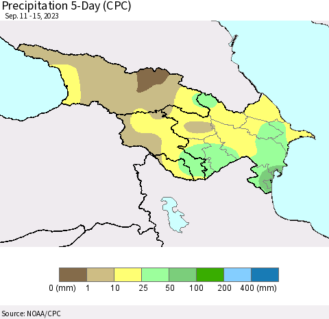 Azerbaijan, Armenia and Georgia Precipitation 5-Day (CPC) Thematic Map For 9/11/2023 - 9/15/2023