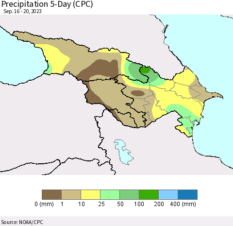 Azerbaijan, Armenia and Georgia Precipitation 5-Day (CPC) Thematic Map For 9/16/2023 - 9/20/2023