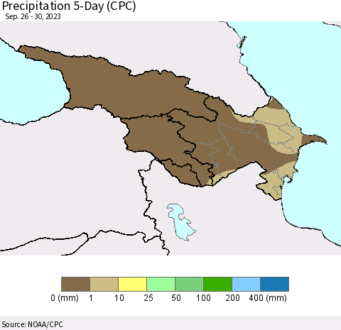 Azerbaijan, Armenia and Georgia Precipitation 5-Day (CPC) Thematic Map For 9/26/2023 - 9/30/2023