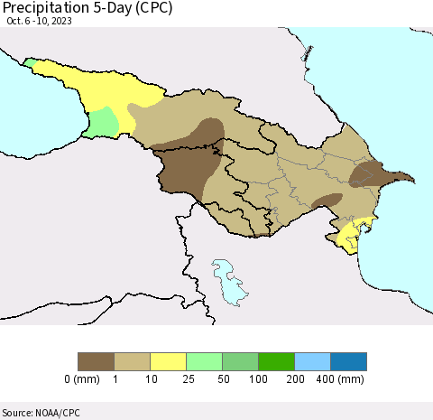 Azerbaijan, Armenia and Georgia Precipitation 5-Day (CPC) Thematic Map For 10/6/2023 - 10/10/2023