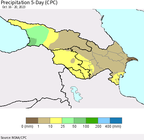 Azerbaijan, Armenia and Georgia Precipitation 5-Day (CPC) Thematic Map For 10/16/2023 - 10/20/2023
