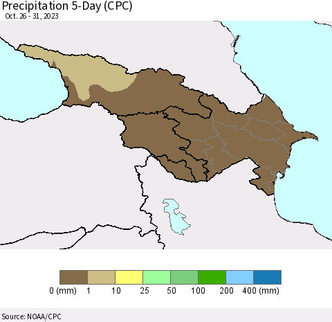 Azerbaijan, Armenia and Georgia Precipitation 5-Day (CPC) Thematic Map For 10/26/2023 - 10/31/2023