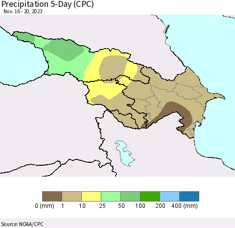 Azerbaijan, Armenia and Georgia Precipitation 5-Day (CPC) Thematic Map For 11/16/2023 - 11/20/2023