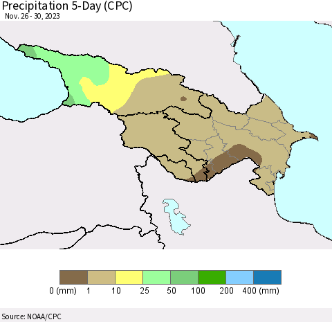 Azerbaijan, Armenia and Georgia Precipitation 5-Day (CPC) Thematic Map For 11/26/2023 - 11/30/2023