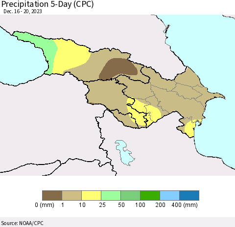 Azerbaijan, Armenia and Georgia Precipitation 5-Day (CPC) Thematic Map For 12/16/2023 - 12/20/2023