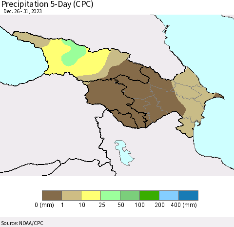 Azerbaijan, Armenia and Georgia Precipitation 5-Day (CPC) Thematic Map For 12/26/2023 - 12/31/2023