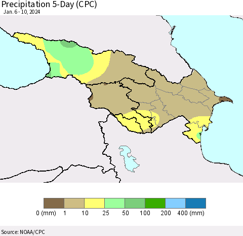 Azerbaijan, Armenia and Georgia Precipitation 5-Day (CPC) Thematic Map For 1/6/2024 - 1/10/2024