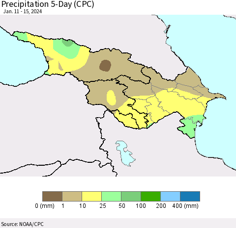 Azerbaijan, Armenia and Georgia Precipitation 5-Day (CPC) Thematic Map For 1/11/2024 - 1/15/2024