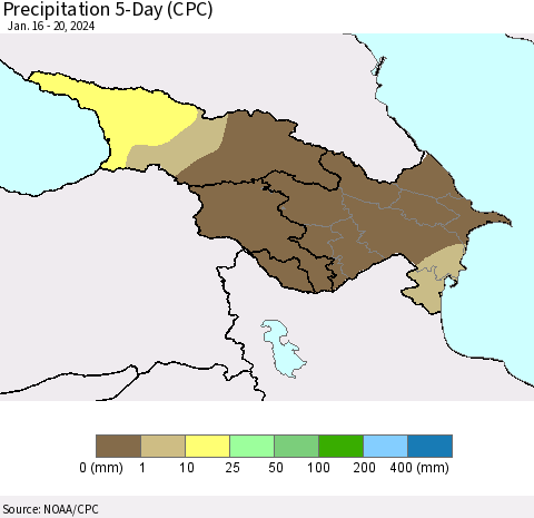 Azerbaijan, Armenia and Georgia Precipitation 5-Day (CPC) Thematic Map For 1/16/2024 - 1/20/2024