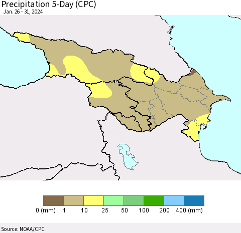 Azerbaijan, Armenia and Georgia Precipitation 5-Day (CPC) Thematic Map For 1/26/2024 - 1/31/2024