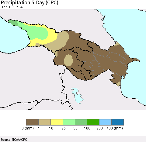 Azerbaijan, Armenia and Georgia Precipitation 5-Day (CPC) Thematic Map For 2/1/2024 - 2/5/2024