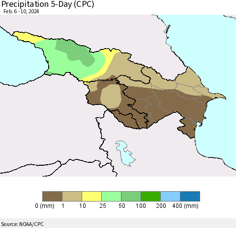 Azerbaijan, Armenia and Georgia Precipitation 5-Day (CPC) Thematic Map For 2/6/2024 - 2/10/2024