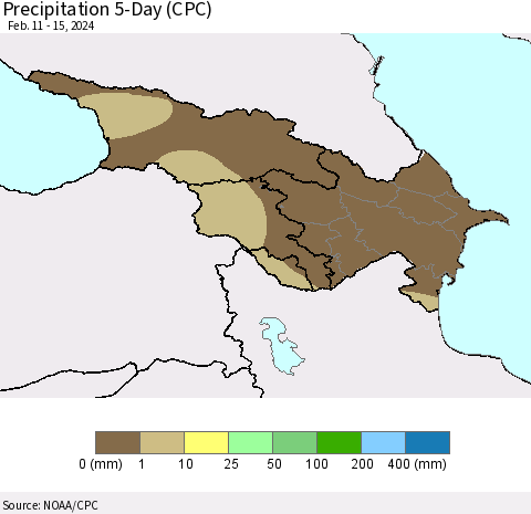 Azerbaijan, Armenia and Georgia Precipitation 5-Day (CPC) Thematic Map For 2/11/2024 - 2/15/2024