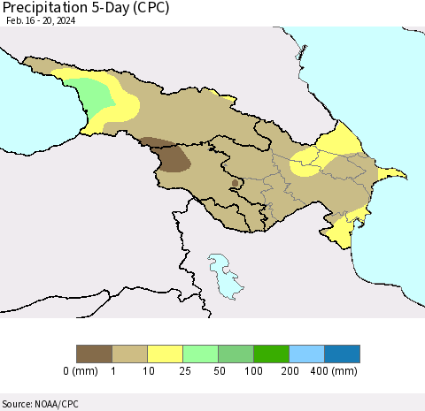 Azerbaijan, Armenia and Georgia Precipitation 5-Day (CPC) Thematic Map For 2/16/2024 - 2/20/2024