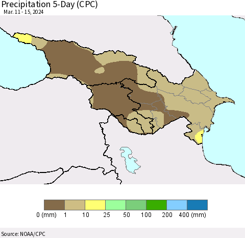 Azerbaijan, Armenia and Georgia Precipitation 5-Day (CPC) Thematic Map For 3/11/2024 - 3/15/2024
