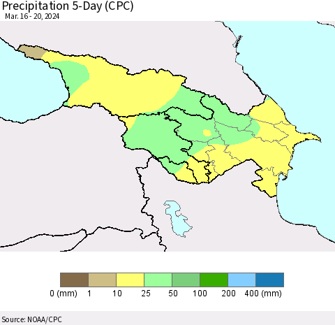 Azerbaijan, Armenia and Georgia Precipitation 5-Day (CPC) Thematic Map For 3/16/2024 - 3/20/2024