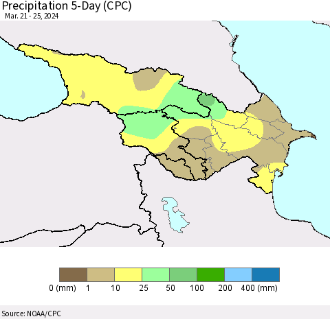 Azerbaijan, Armenia and Georgia Precipitation 5-Day (CPC) Thematic Map For 3/21/2024 - 3/25/2024