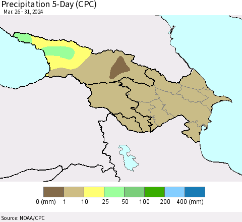 Azerbaijan, Armenia and Georgia Precipitation 5-Day (CPC) Thematic Map For 3/26/2024 - 3/31/2024