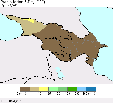 Azerbaijan, Armenia and Georgia Precipitation 5-Day (CPC) Thematic Map For 4/1/2024 - 4/5/2024