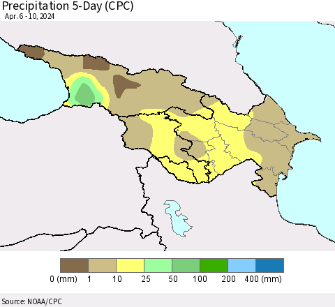 Azerbaijan, Armenia and Georgia Precipitation 5-Day (CPC) Thematic Map For 4/6/2024 - 4/10/2024