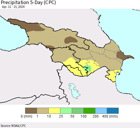 Azerbaijan, Armenia and Georgia Precipitation 5-Day (CPC) Thematic Map For 4/11/2024 - 4/15/2024