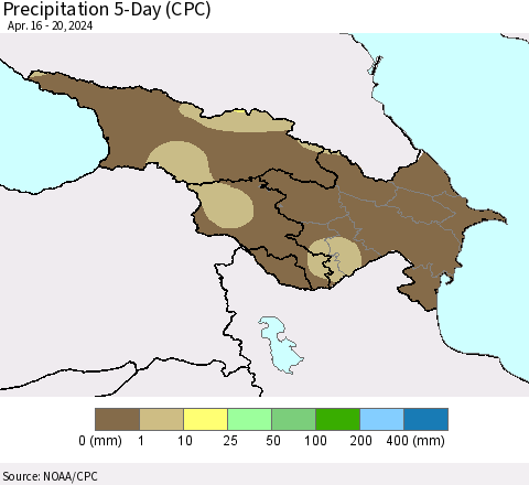 Azerbaijan, Armenia and Georgia Precipitation 5-Day (CPC) Thematic Map For 4/16/2024 - 4/20/2024