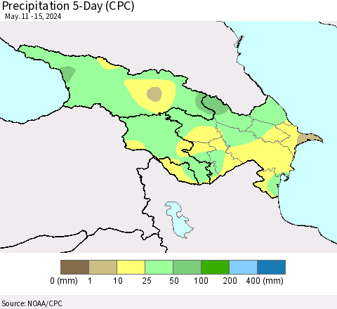 Azerbaijan, Armenia and Georgia Precipitation 5-Day (CPC) Thematic Map For 5/11/2024 - 5/15/2024