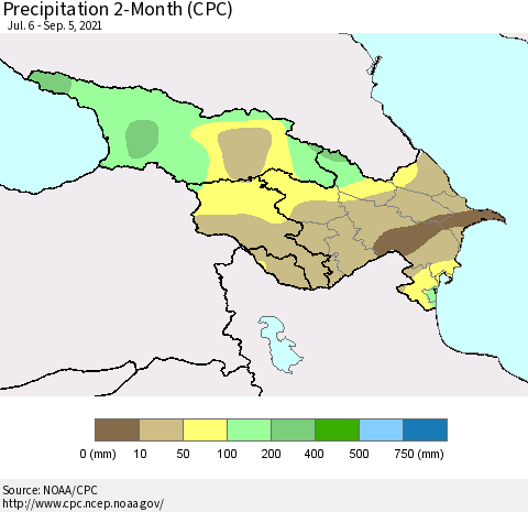 Azerbaijan, Armenia and Georgia Precipitation 2-Month (CPC) Thematic Map For 7/6/2021 - 9/5/2021