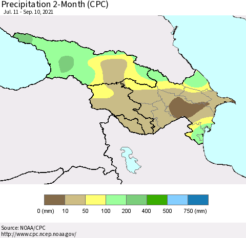 Azerbaijan, Armenia and Georgia Precipitation 2-Month (CPC) Thematic Map For 7/11/2021 - 9/10/2021