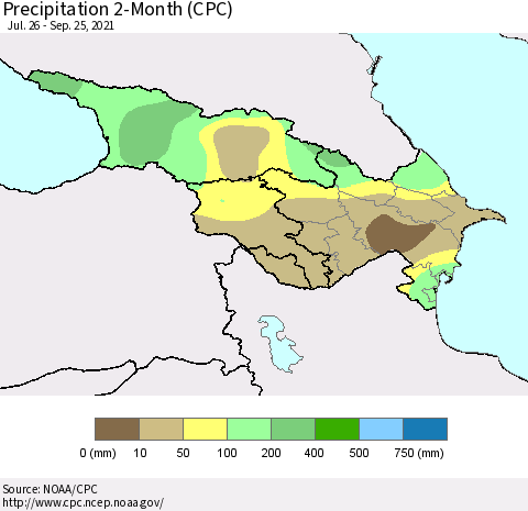 Azerbaijan, Armenia and Georgia Precipitation 2-Month (CPC) Thematic Map For 7/26/2021 - 9/25/2021