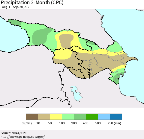 Azerbaijan, Armenia and Georgia Precipitation 2-Month (CPC) Thematic Map For 8/1/2021 - 9/30/2021