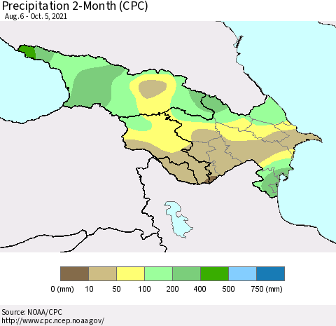 Azerbaijan, Armenia and Georgia Precipitation 2-Month (CPC) Thematic Map For 8/6/2021 - 10/5/2021