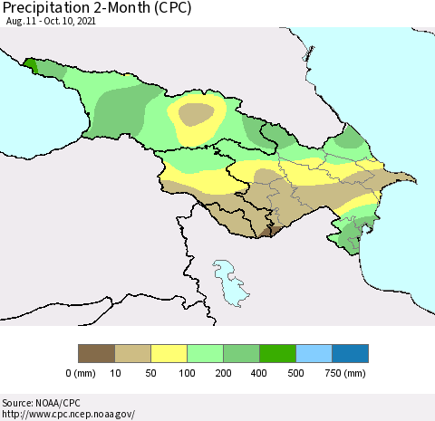 Azerbaijan, Armenia and Georgia Precipitation 2-Month (CPC) Thematic Map For 8/11/2021 - 10/10/2021