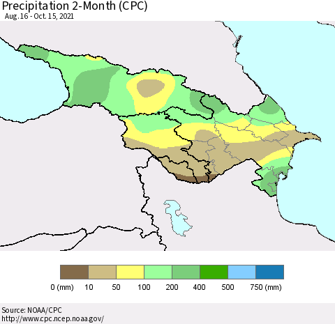 Azerbaijan, Armenia and Georgia Precipitation 2-Month (CPC) Thematic Map For 8/16/2021 - 10/15/2021