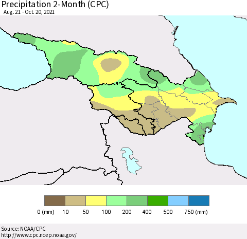 Azerbaijan, Armenia and Georgia Precipitation 2-Month (CPC) Thematic Map For 8/21/2021 - 10/20/2021