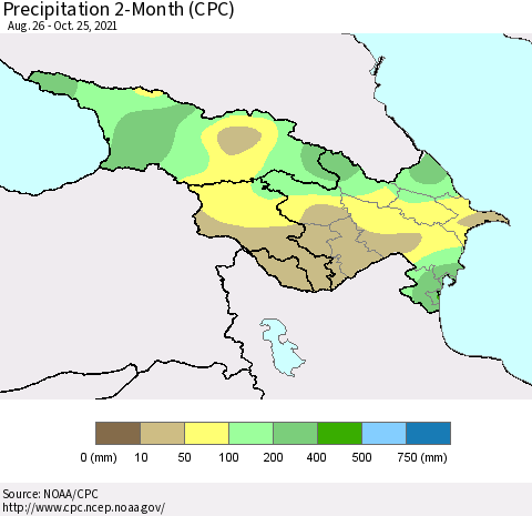 Azerbaijan, Armenia and Georgia Precipitation 2-Month (CPC) Thematic Map For 8/26/2021 - 10/25/2021