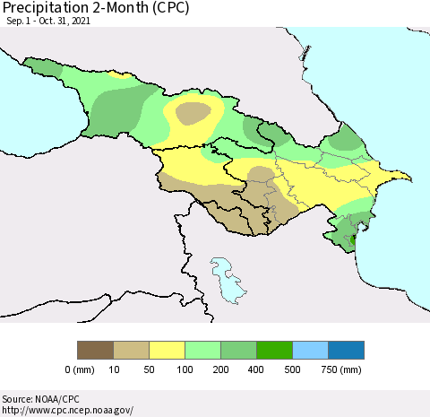 Azerbaijan, Armenia and Georgia Precipitation 2-Month (CPC) Thematic Map For 9/1/2021 - 10/31/2021