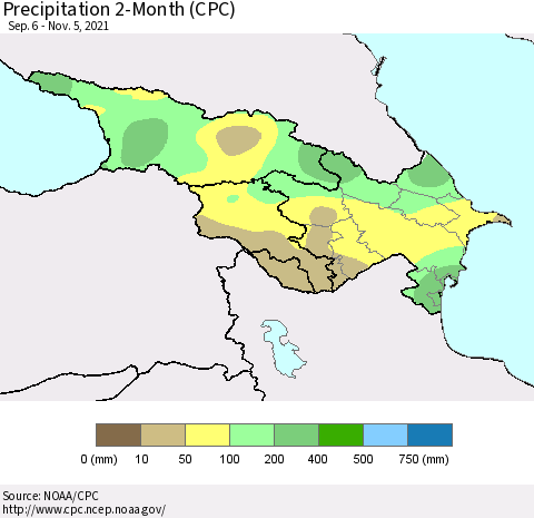 Azerbaijan, Armenia and Georgia Precipitation 2-Month (CPC) Thematic Map For 9/6/2021 - 11/5/2021