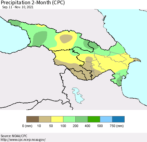 Azerbaijan, Armenia and Georgia Precipitation 2-Month (CPC) Thematic Map For 9/11/2021 - 11/10/2021