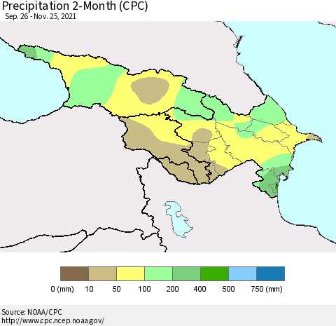 Azerbaijan, Armenia and Georgia Precipitation 2-Month (CPC) Thematic Map For 9/26/2021 - 11/25/2021