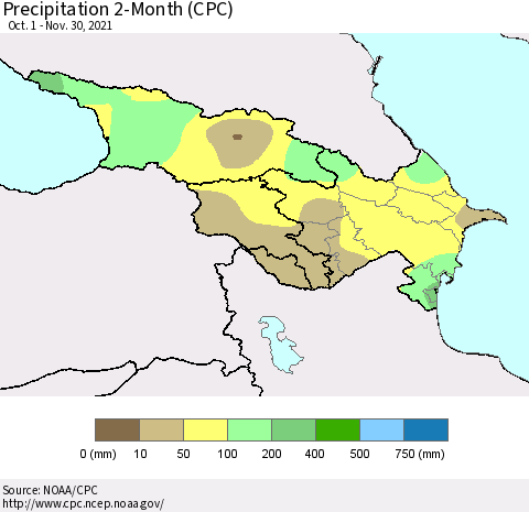 Azerbaijan, Armenia and Georgia Precipitation 2-Month (CPC) Thematic Map For 10/1/2021 - 11/30/2021