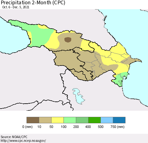 Azerbaijan, Armenia and Georgia Precipitation 2-Month (CPC) Thematic Map For 10/6/2021 - 12/5/2021