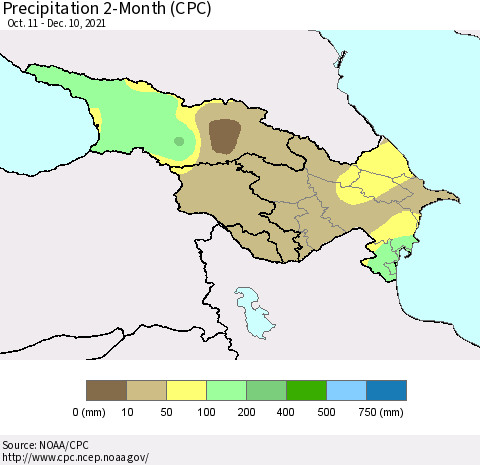 Azerbaijan, Armenia and Georgia Precipitation 2-Month (CPC) Thematic Map For 10/11/2021 - 12/10/2021