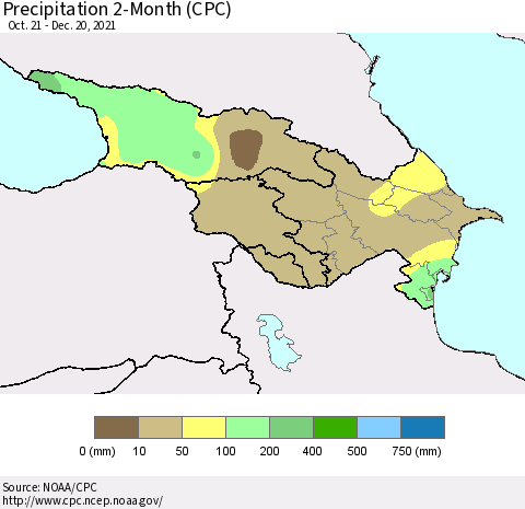 Azerbaijan, Armenia and Georgia Precipitation 2-Month (CPC) Thematic Map For 10/21/2021 - 12/20/2021