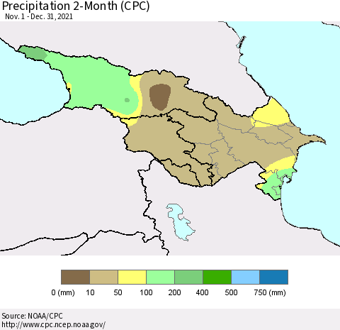 Azerbaijan, Armenia and Georgia Precipitation 2-Month (CPC) Thematic Map For 11/1/2021 - 12/31/2021