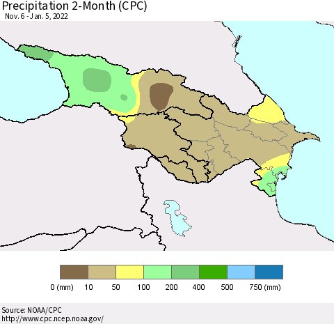 Azerbaijan, Armenia and Georgia Precipitation 2-Month (CPC) Thematic Map For 11/6/2021 - 1/5/2022