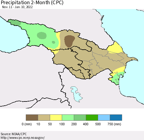 Azerbaijan, Armenia and Georgia Precipitation 2-Month (CPC) Thematic Map For 11/11/2021 - 1/10/2022